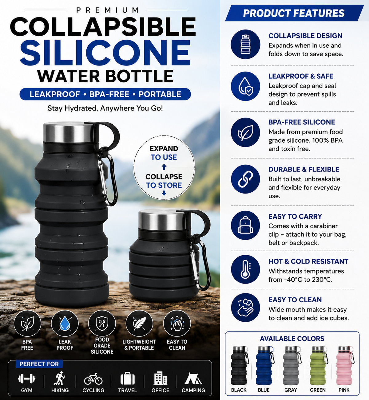 Collapsible Silicone Water Bottle