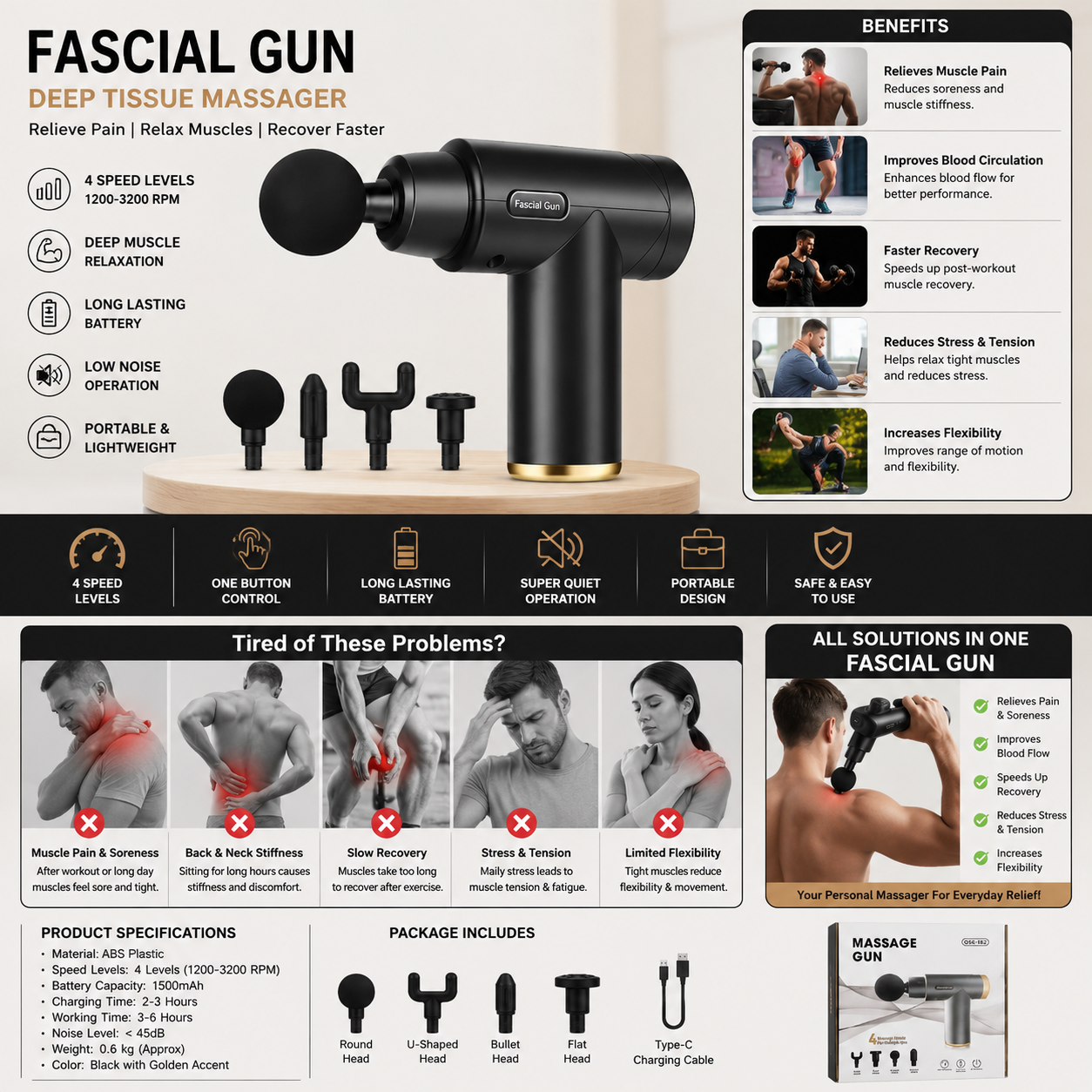 Deep Tissue Massage Gun – Portable Muscle Recovery Massager