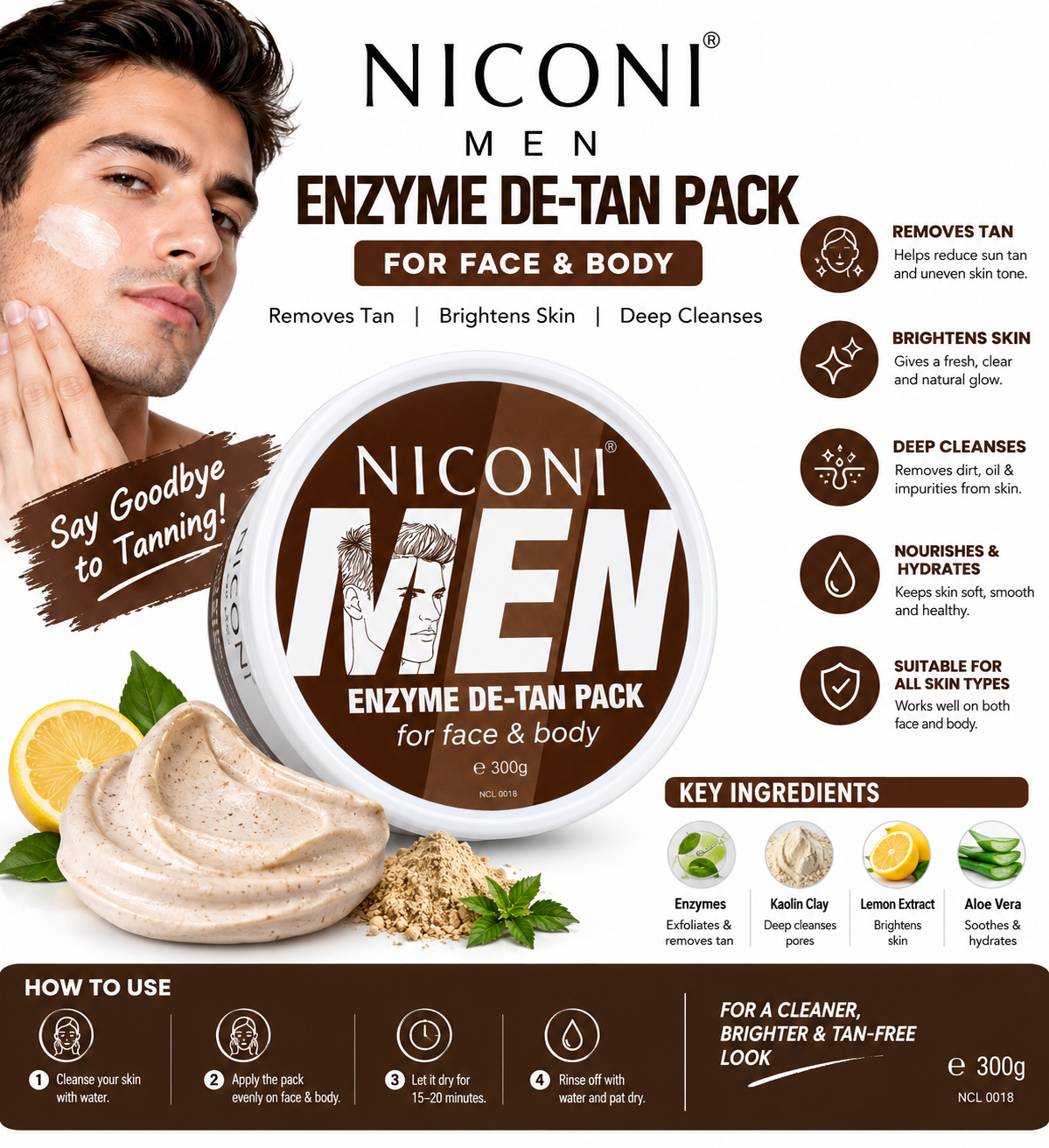 NICONI Men Enzyme De-Tan Pack 300g skincare product for men's grooming