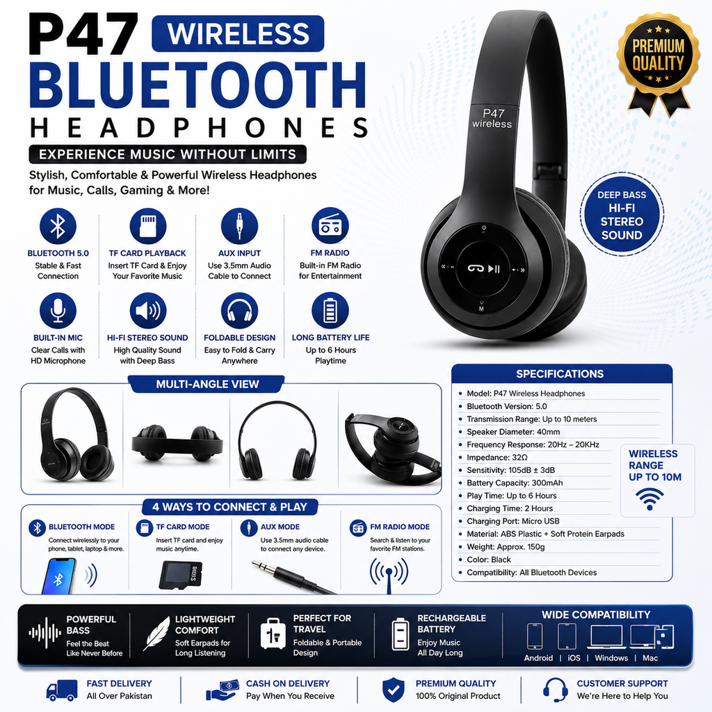 P47 Wireless Bluetooth Headphones